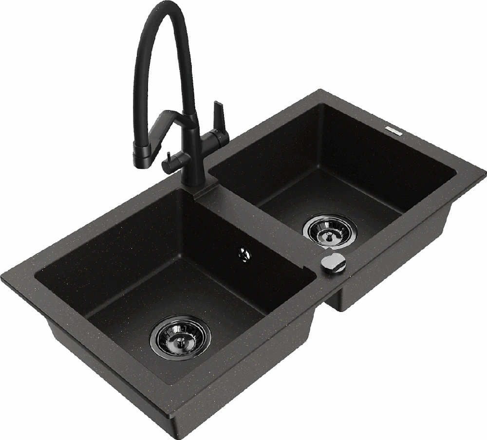 Granitinė virtuvinė plautuvė Mexen Mario su maišytuvu ir sifonu, Metallic juodas/auksinis+Juodas