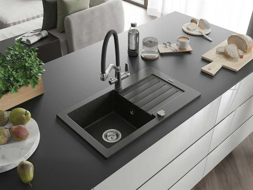 Granitinė virtuvinė plautuvė Mexen Pablo su maišytuvu ir sifonu, Metallic juodas/auksinis+Juodas/Chrome