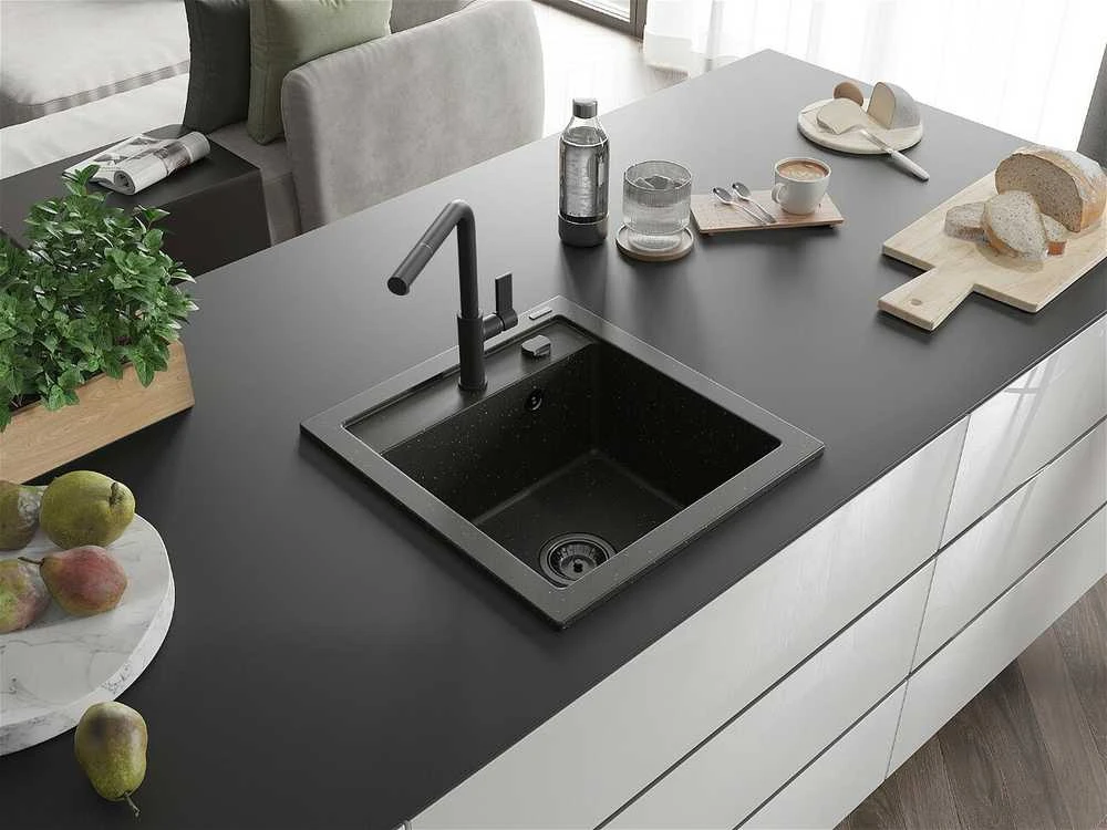 Granitinė virtuvinė plautuvė Mexen Vito su maišytuvu ir sifonu, Metallic juodas/auksinis+Juodas