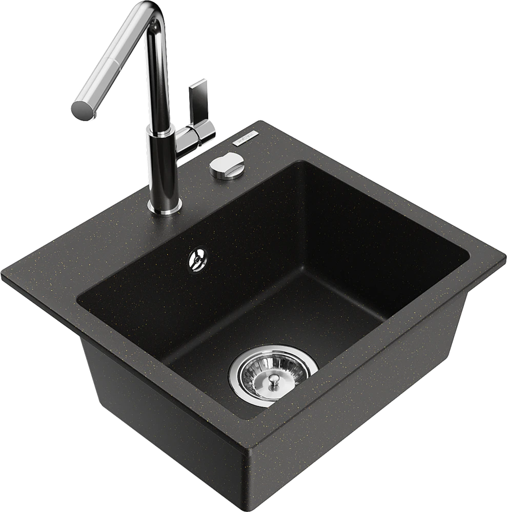 Granitinė virtuvinė plautuvė Mexen Milo su maišytuvu ir sifonu, Metallic juodas/auksinis+Chrome