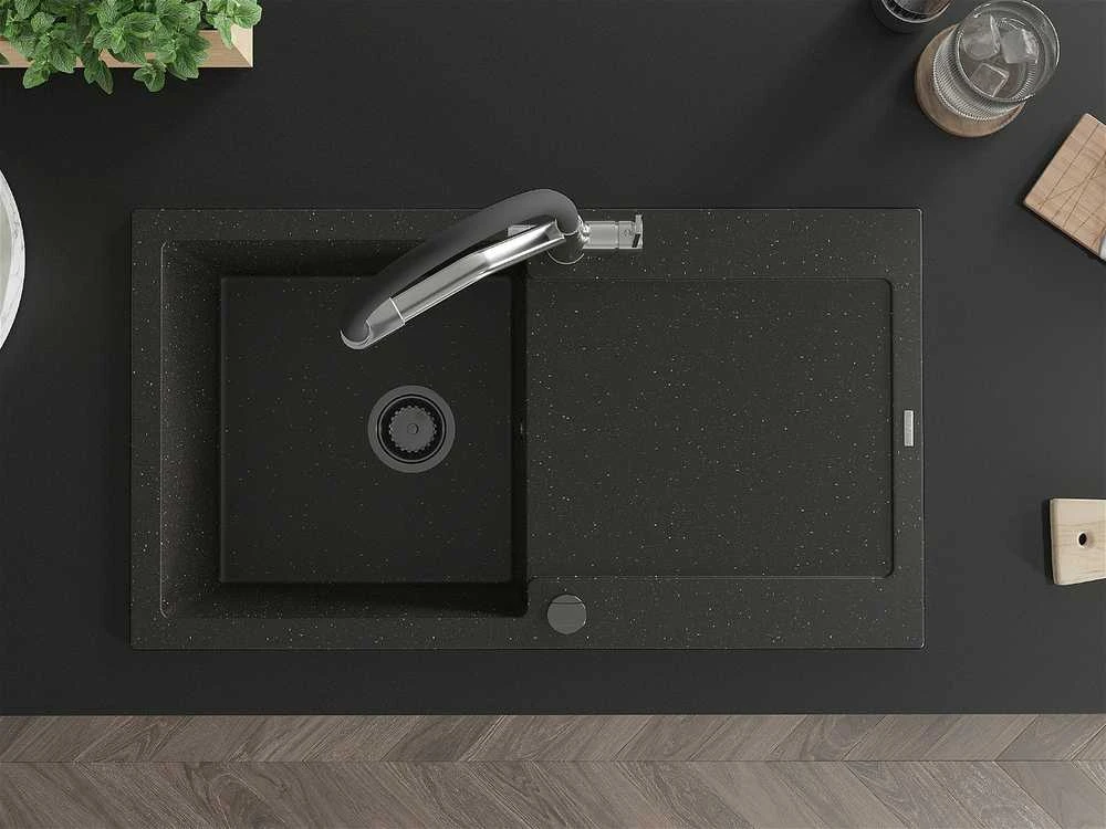 Granitinė virtuvinė plautuvė Mexen Leo su maišytuvu ir sifonu, Metallic juodas/auksinis+Juodas/Chrome
