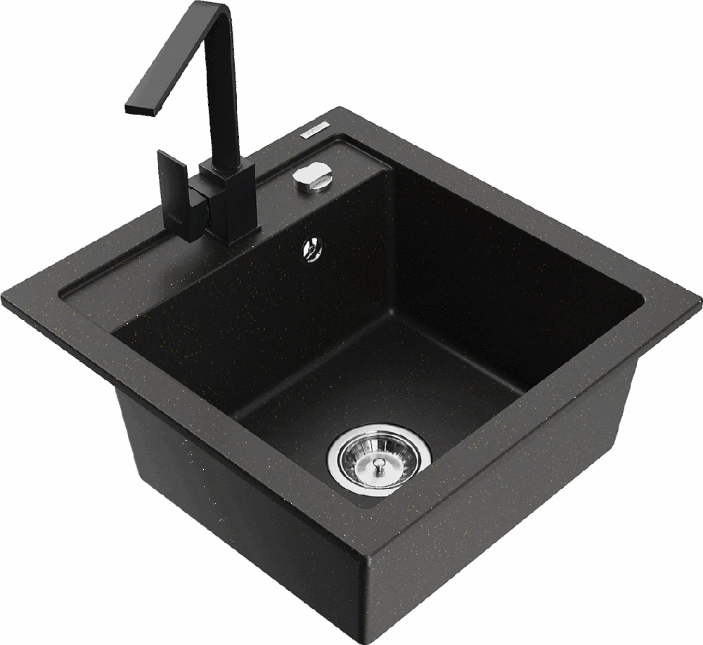 Granitinė virtuvinė plautuvė Mexen Vito su maišytuvu ir sifonu, Metallic juodas/auksinis+Juodas