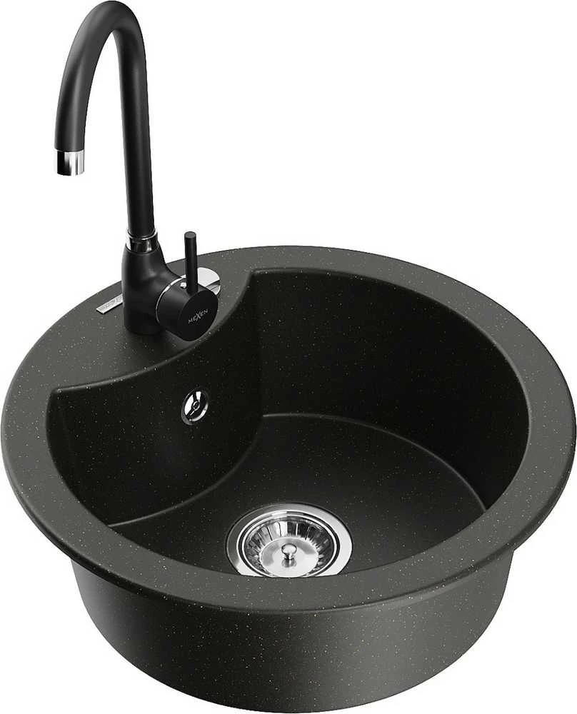 Granitinė virtuvinė plautuvė Mexen Diego su maišytuvu ir sifonu, Metallic juodas/auksinis+Juodas