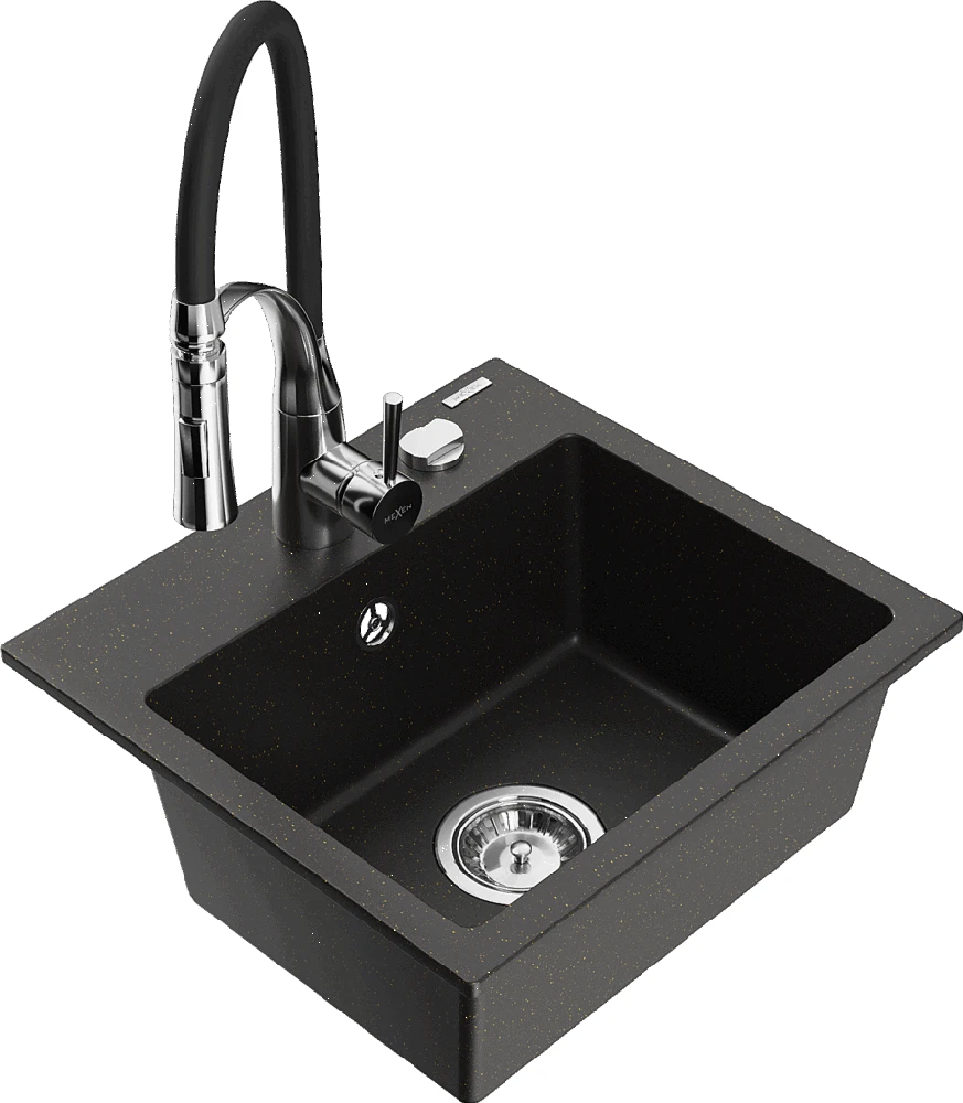 Granitinė virtuvinė plautuvė Mexen Milo su maišytuvu ir sifonu, Metallic juodas/auksinis+Juodas/Chrome