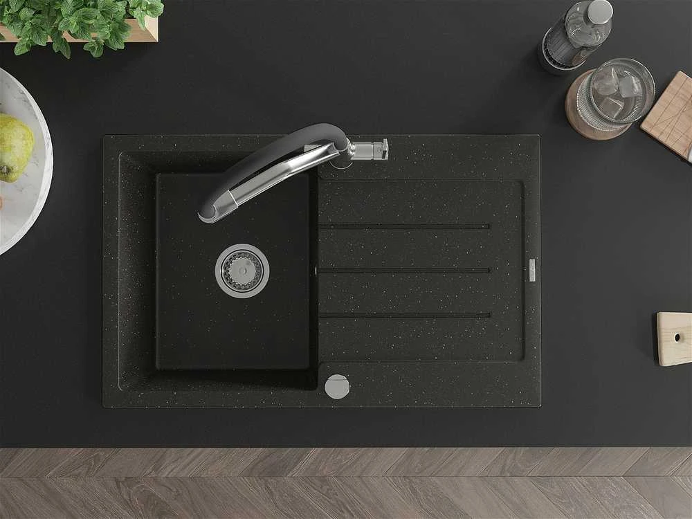 Granitinė virtuvinė plautuvė Mexen Bruno su maišytuvu ir sifonu, Metallic juodas/auksinis+Juodas/Chrome