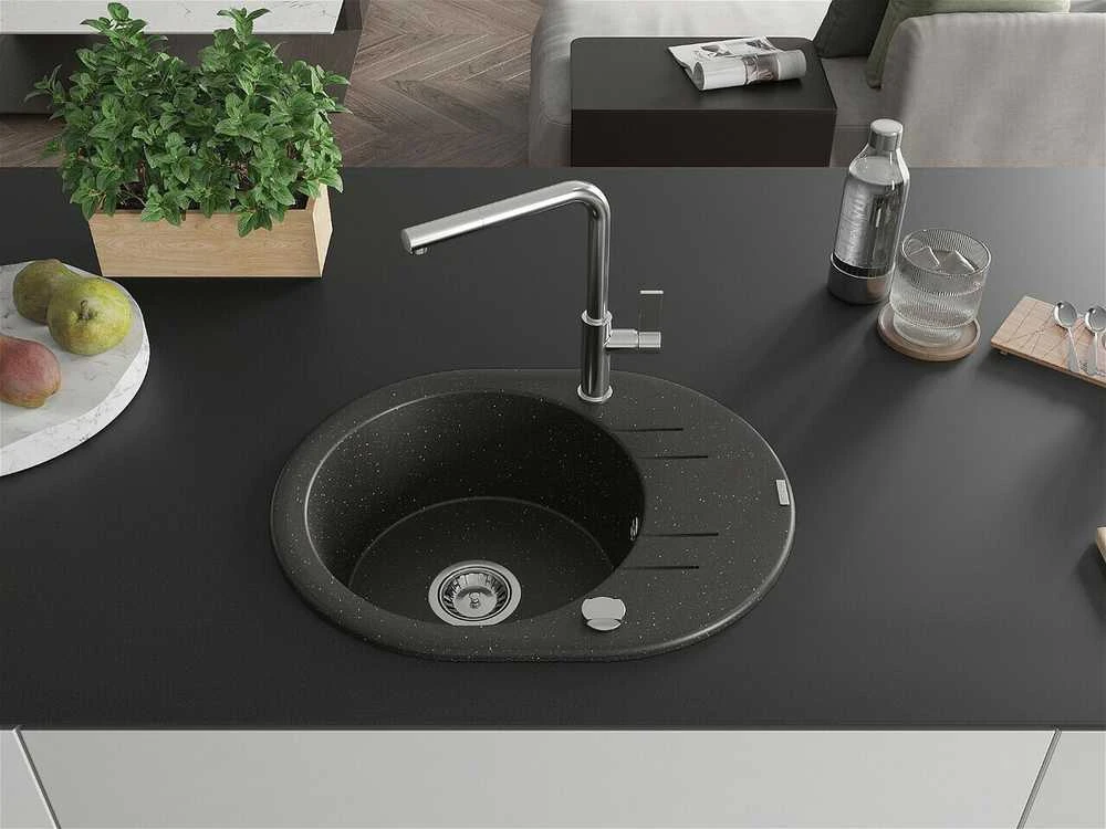 Granitinė virtuvinė plautuvė Mexen Kevin su maišytuvu ir sifonu, Metallic juodas/auksinis+Chrome