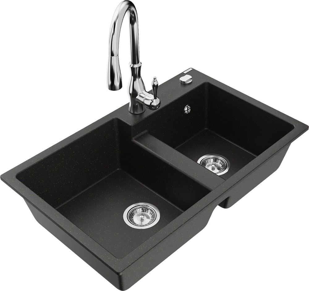 Granitinė virtuvinė plautuvė Mexen Tomas su maišytuvu ir sifonu, Metallic juodas/auksinis+Chrome