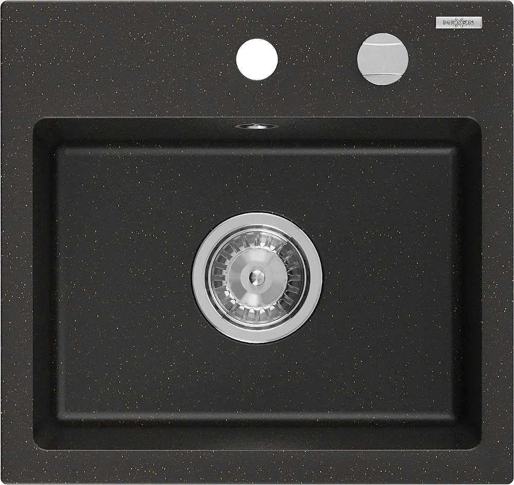 Granitinė virtuvinė plautuvė Mexen Milo su sifonu, Metallic juodas/auksinis+Chrome, 435 x 410 mm
