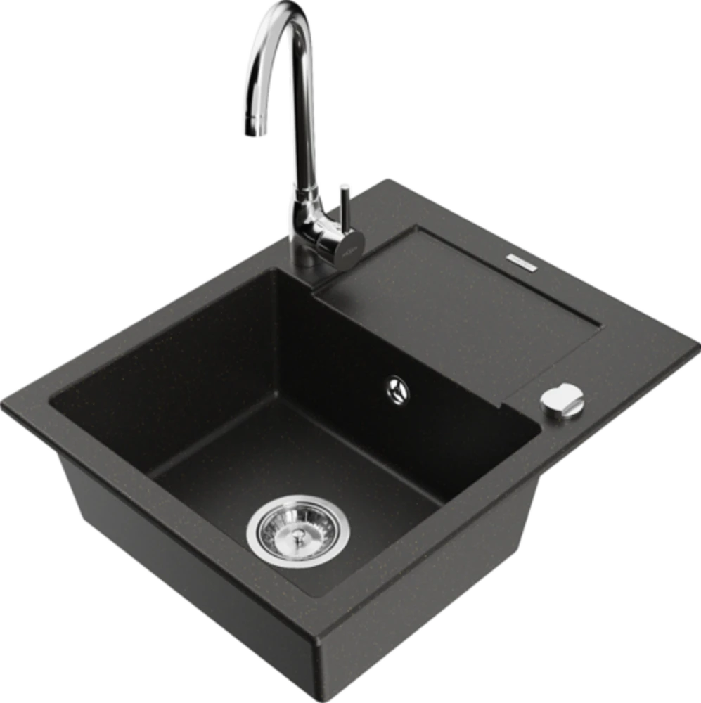 Granitinė virtuvinė plautuvė Mexen Enzo su maišytuvu ir sifonu, Metallic juodas/auksinis+Chrome