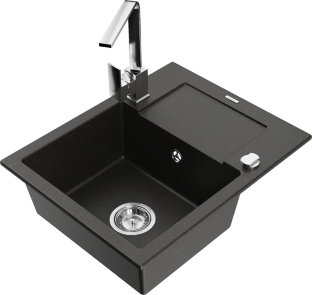 Granitinė virtuvinė plautuvė Mexen Enzo su maišytuvu ir sifonu, Metallic juodas/auksinis+Chrome