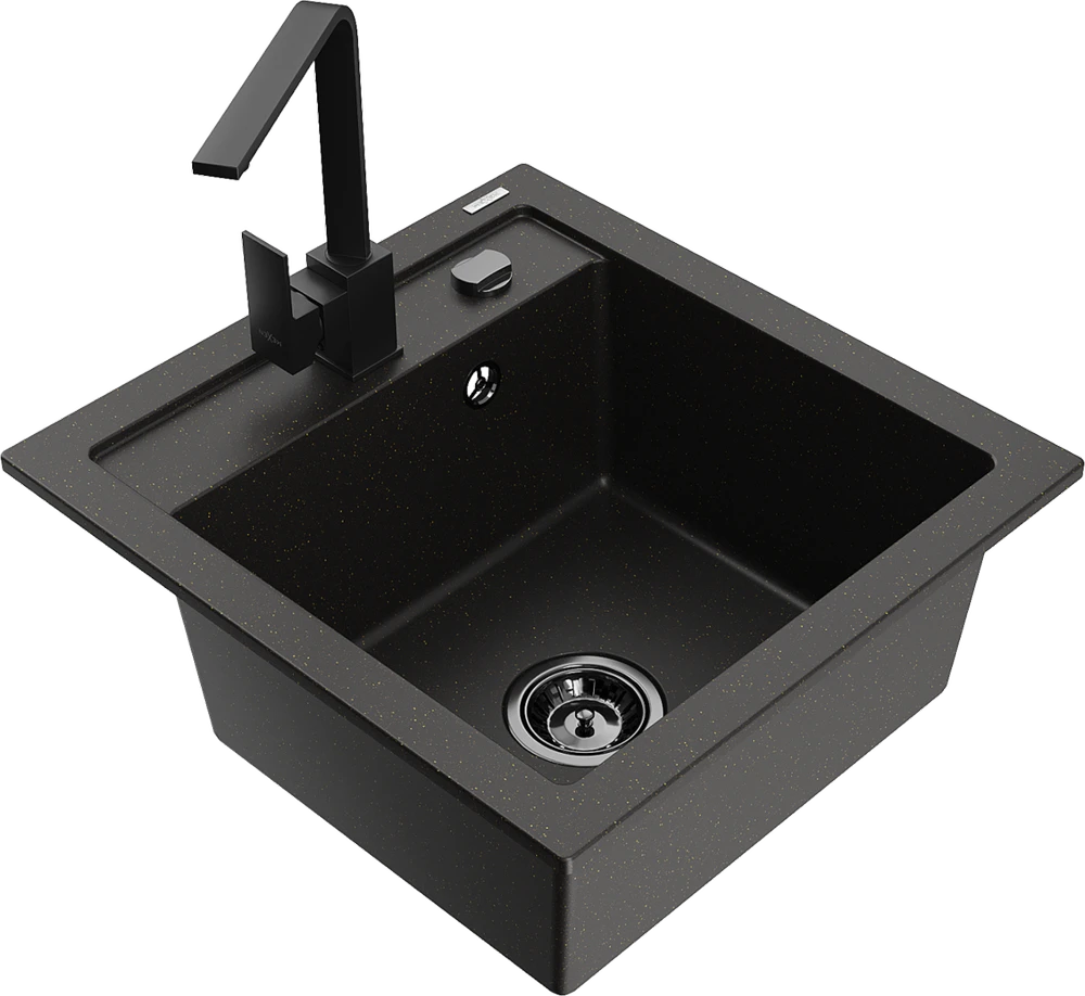 Granitinė virtuvinė plautuvė Mexen Vito su maišytuvu ir sifonu, Metallic juodas/auksinis+Juodas