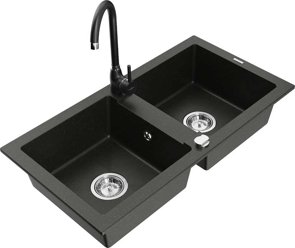 Granitinė virtuvinė plautuvė Mexen Mario su maišytuvu ir sifonu, Metallic juodas/auksinis+Juodas