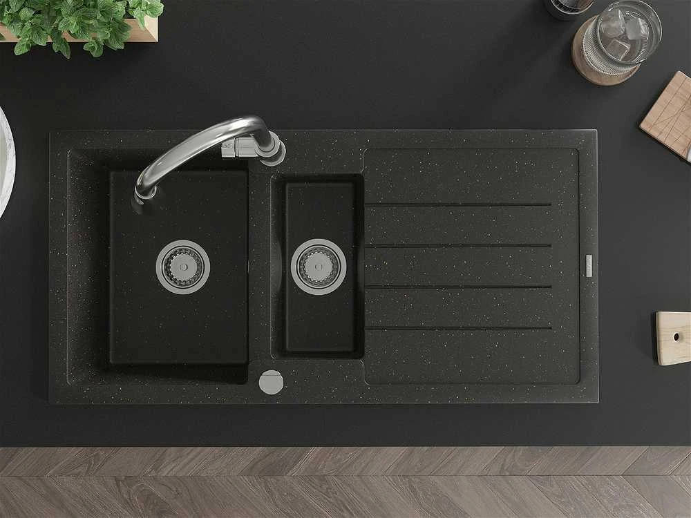 Granitinė virtuvinė plautuvė Mexen Andres su maišytuvu ir sifonu, Metallic juodas/auksinis+Chrome