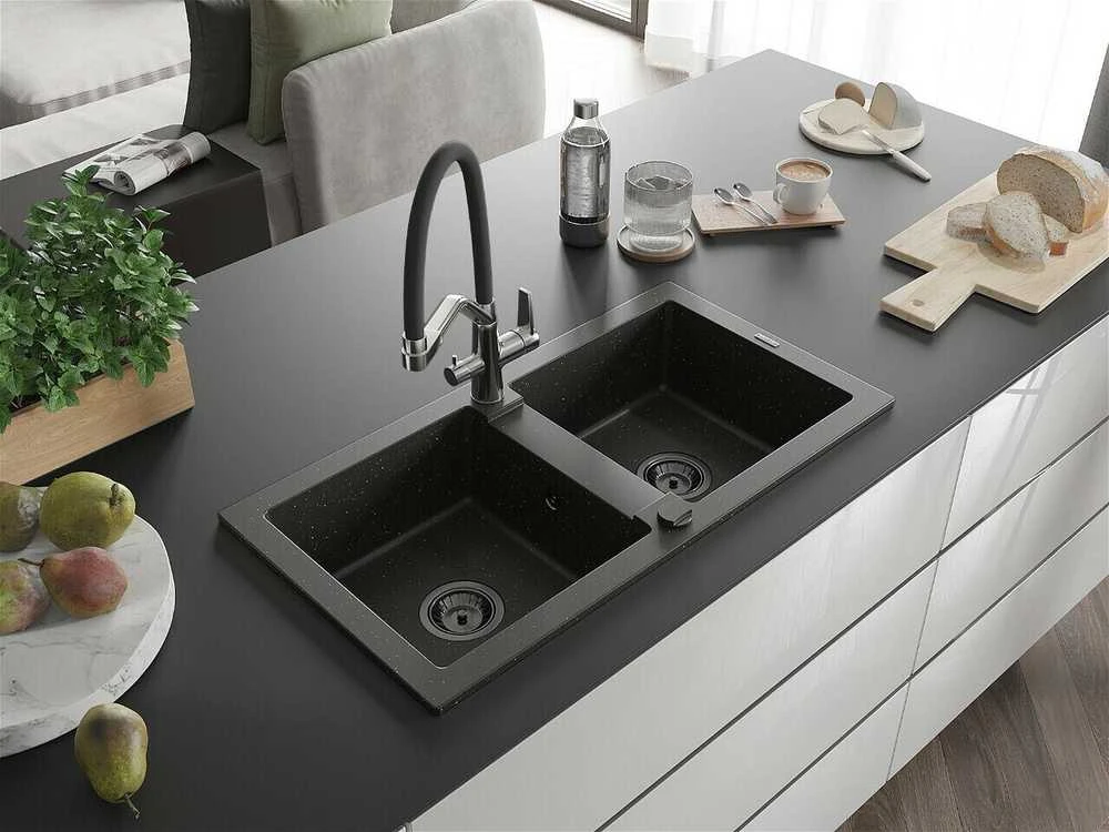 Granitinė virtuvinė plautuvė Mexen Mario su maišytuvu ir sifonu, Metallic juodas/auksinis+Juodas/Chrome