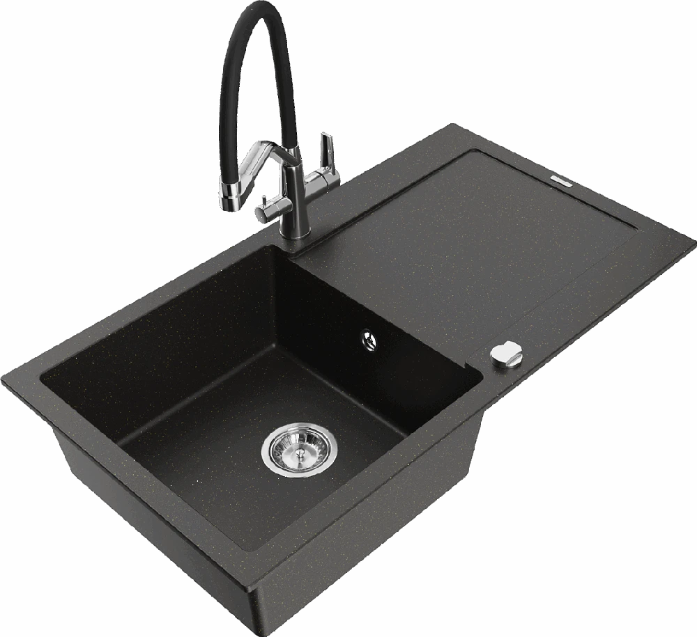 Granitinė virtuvinė plautuvė Mexen Leo su maišytuvu ir sifonu, Metallic juodas/auksinis+Juodas/Chrome
