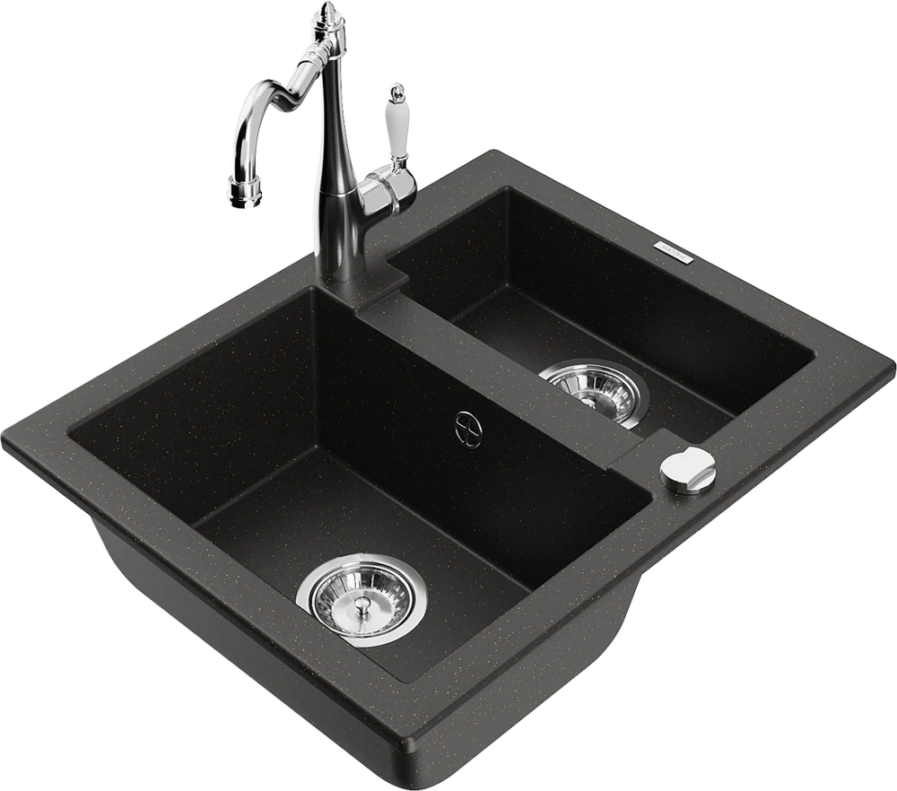 Granitinė virtuvinė plautuvė Mexen Carlos su maišytuvu ir sifonu, Metallic juodas/auksinis+Chrome