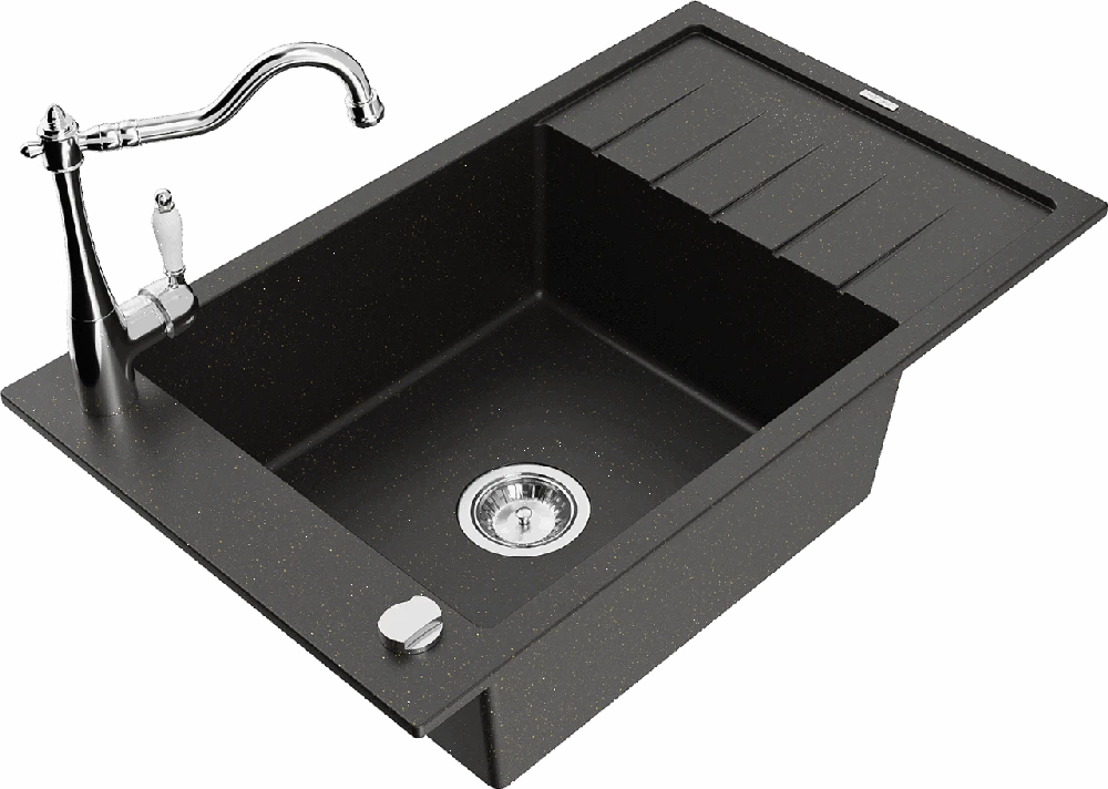 Granitinė virtuvinė plautuvė Mexen Elias su maišytuvu ir sifonu, Metallic juodas/auksinis+Chrome