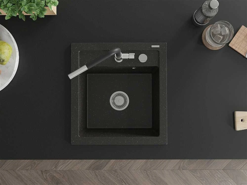Granitinė virtuvinė plautuvė Mexen Vito su maišytuvu ir sifonu, Metallic juodas/auksinis+Juodas/Chrome