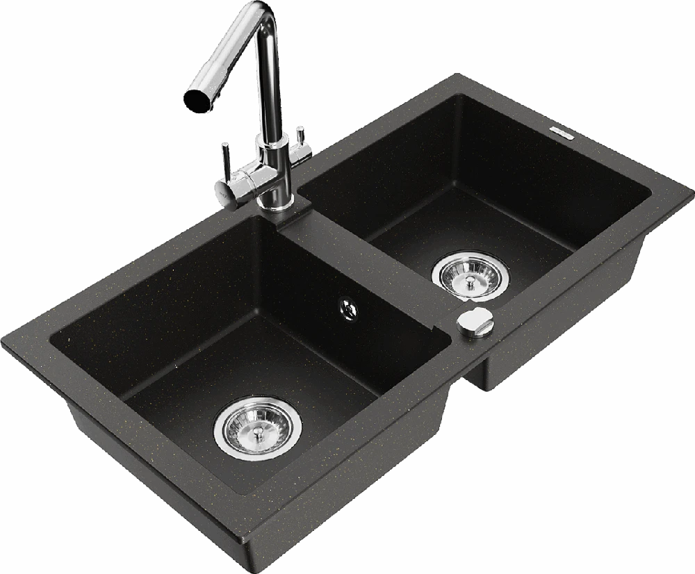 Granitinė virtuvinė plautuvė Mexen Mario su maišytuvu ir sifonu, Metallic juodas/auksinis+Chrome