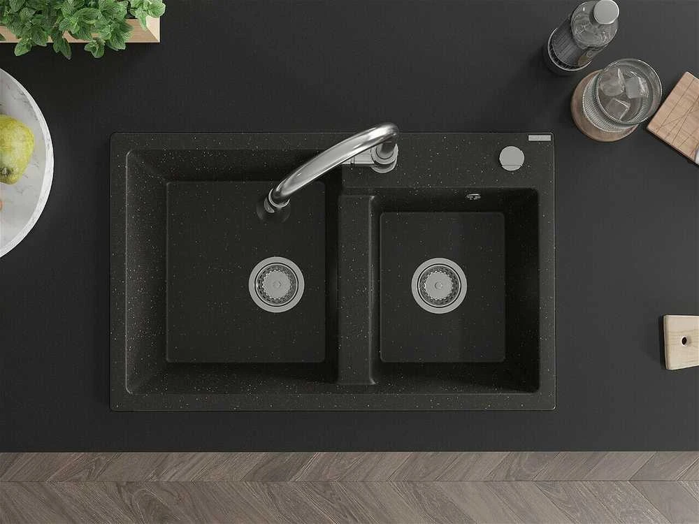 Granitinė virtuvinė plautuvė Mexen Tomas su maišytuvu ir sifonu, Metallic juodas/auksinis+Chrome