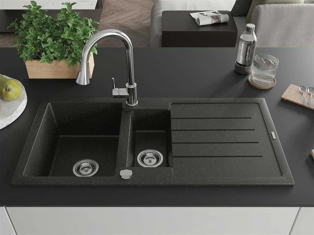 Granitinė virtuvinė plautuvė Mexen Andres su maišytuvu ir sifonu, Metallic juodas/auksinis+Chrome