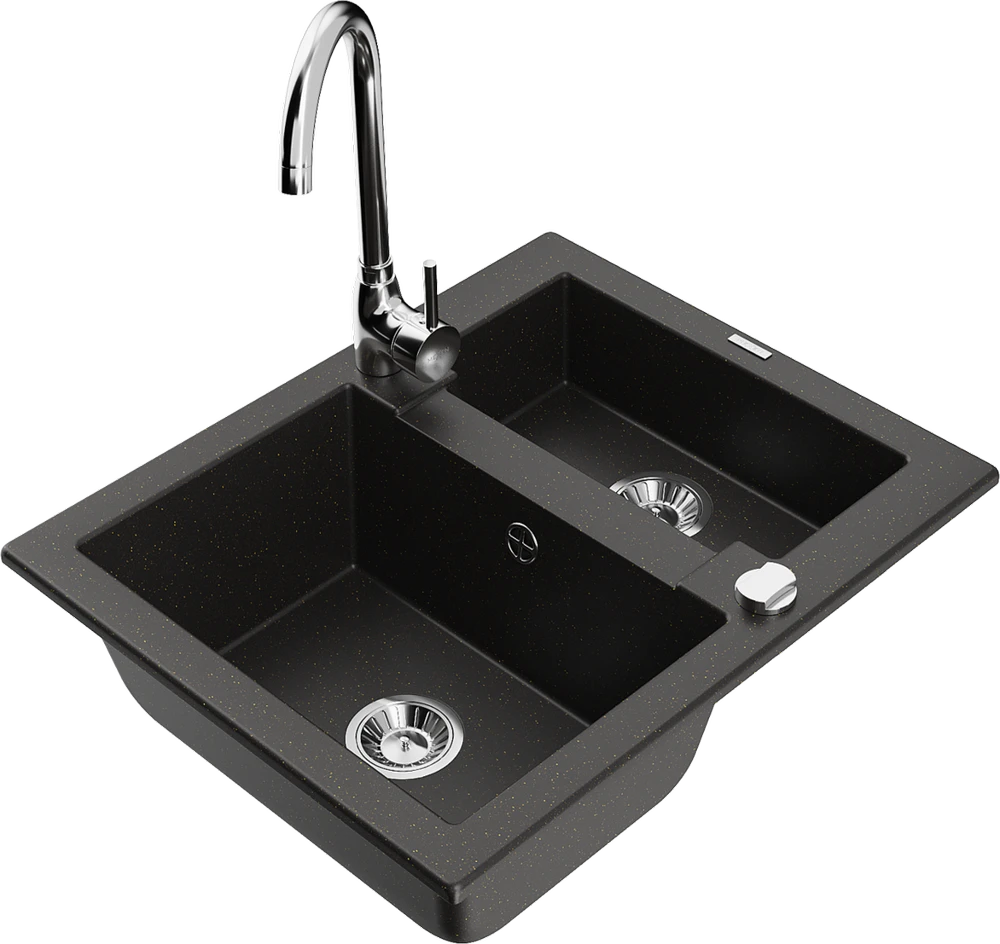 Granitinė virtuvinė plautuvė Mexen Carlos su maišytuvu ir sifonu, Metallic juodas/auksinis+Chrome