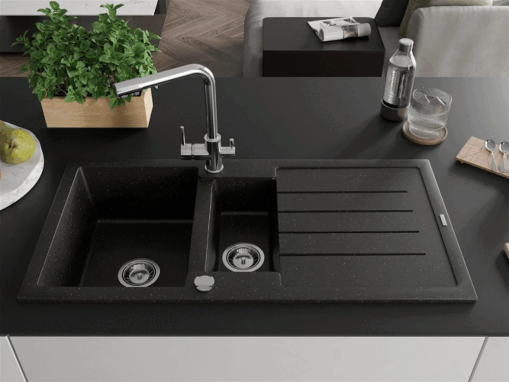 Granitinė virtuvinė plautuvė Mexen Andres su maišytuvu ir sifonu, Metallic juodas/auksinis+Chrome