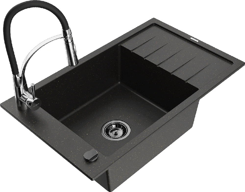 Granitinė virtuvinė plautuvė Mexen Elias su maišytuvu ir sifonu, Metallic juodas/auksinis+Juodas/Chrome