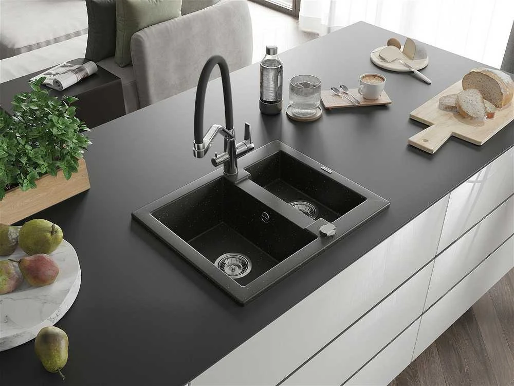 Granitinė virtuvinė plautuvė Mexen Carlos su maišytuvu ir sifonu, Metallic juodas/auksinis+Juodas/Chrome
