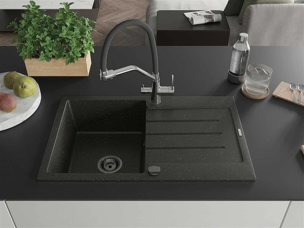 Granitinė virtuvinė plautuvė Mexen Bruno su maišytuvu ir sifonu, Metallic juodas/auksinis+Juodas/Chrome