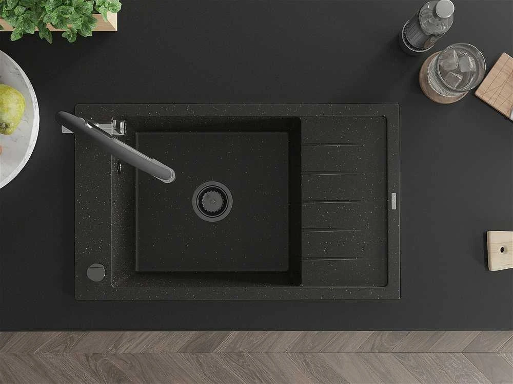 Granitinė virtuvinė plautuvė Mexen Elias su maišytuvu ir sifonu, Metallic juodas/auksinis+Juodas/Chrome