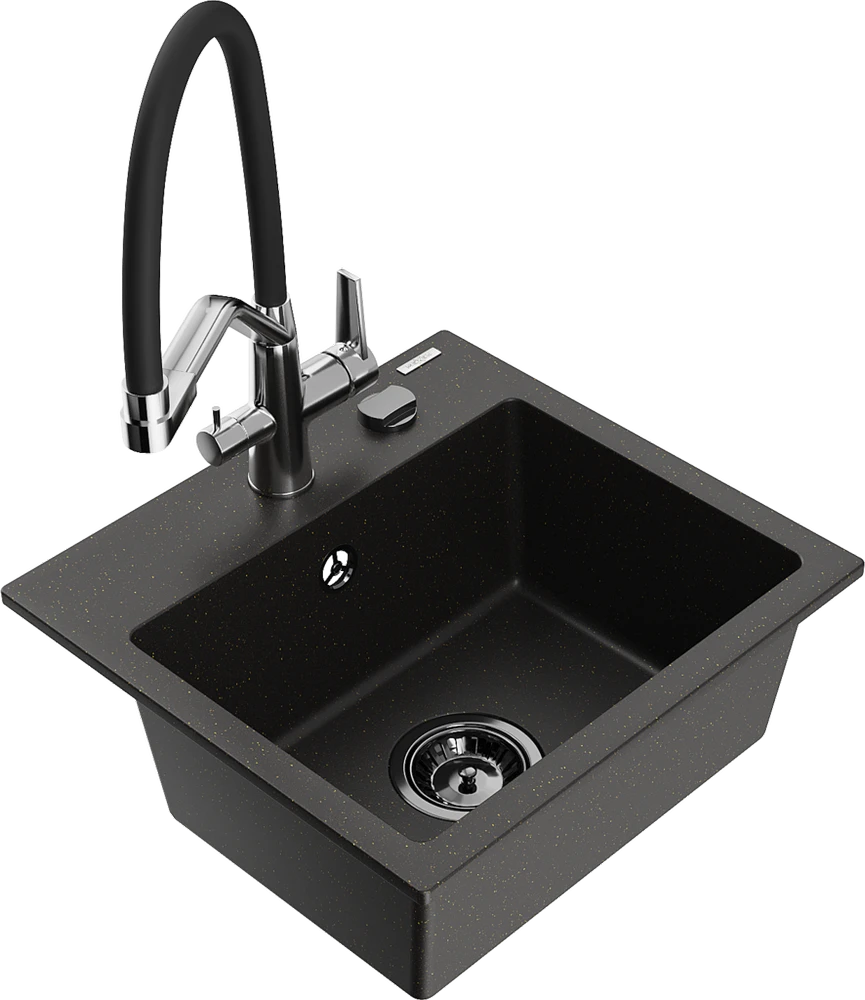 Granitinė virtuvinė plautuvė Mexen Milo su maišytuvu ir sifonu, Metallic juodas/auksinis+Juodas/Chrome