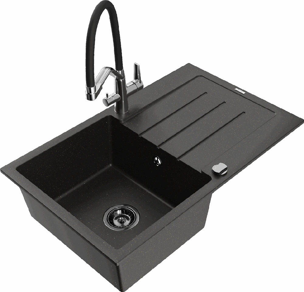 Granitinė virtuvinė plautuvė Mexen Bruno su maišytuvu ir sifonu, Metallic juodas/auksinis+Juodas/Chrome