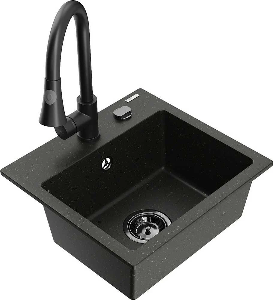 Granitinė virtuvinė plautuvė Mexen Milo su maišytuvu ir sifonu, Metallic juodas/auksinis+Juodas