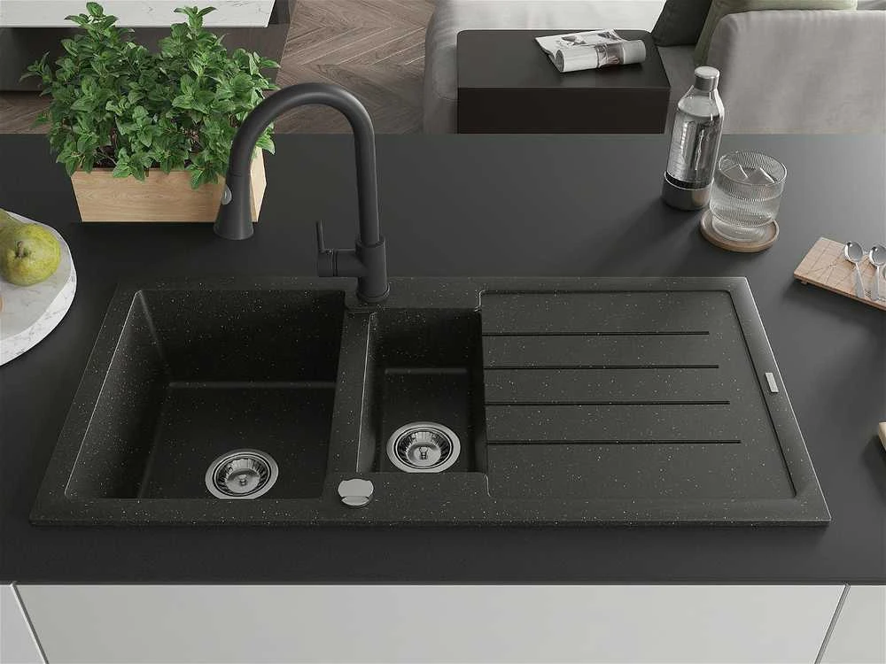 Granitinė virtuvinė plautuvė Mexen Andres su maišytuvu ir sifonu, Metallic juodas/auksinis+Juodas