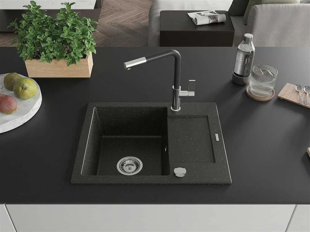 Granitinė virtuvinė plautuvė Mexen Enzo su maišytuvu ir sifonu, Metallic juodas/auksinis+Juodas/Chrome