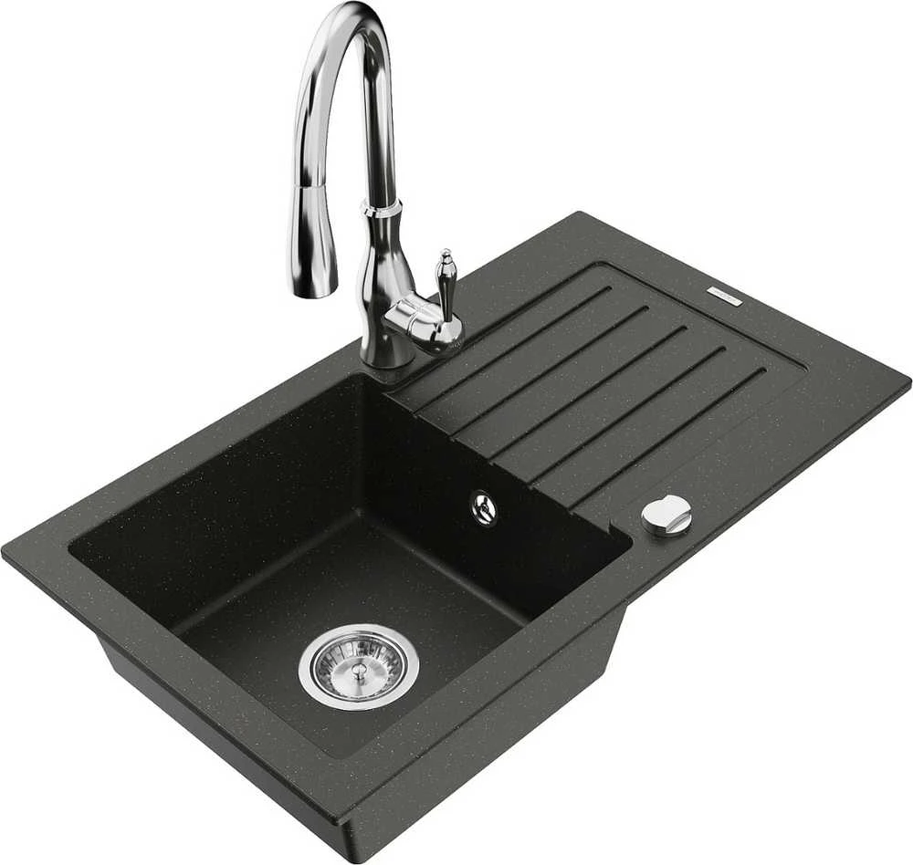 Granitinė virtuvinė plautuvė Mexen Pablo su maišytuvu ir sifonu, Metallic juodas/auksinis+Chrome
