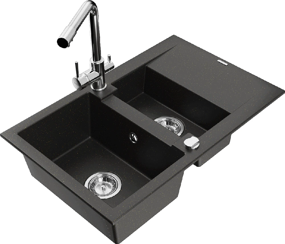 Granitinė virtuvinė plautuvė Mexen Gaspar su maišytuvu ir sifonu, Metallic juodas/auksinis+Chrome