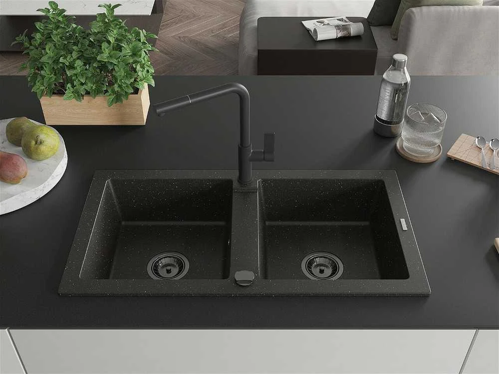 Granitinė virtuvinė plautuvė Mexen Mario su maišytuvu ir sifonu, Metallic juodas/auksinis+Juodas