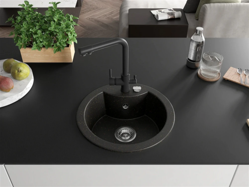 Granitinė virtuvinė plautuvė Mexen Diego su maišytuvu ir sifonu, Metallic juodas/auksinis+Juodas
