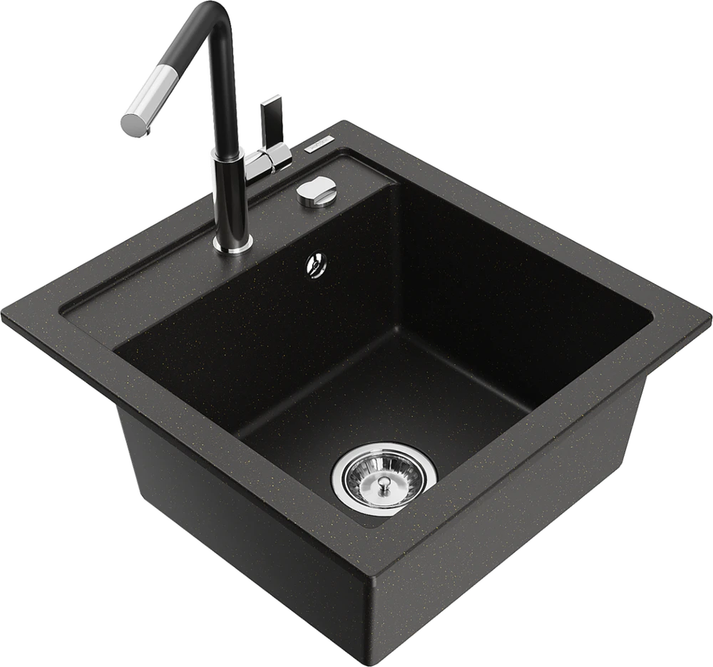 Granitinė virtuvinė plautuvė Mexen Vito su maišytuvu ir sifonu, Metallic juodas/auksinis+Juodas/Chrome