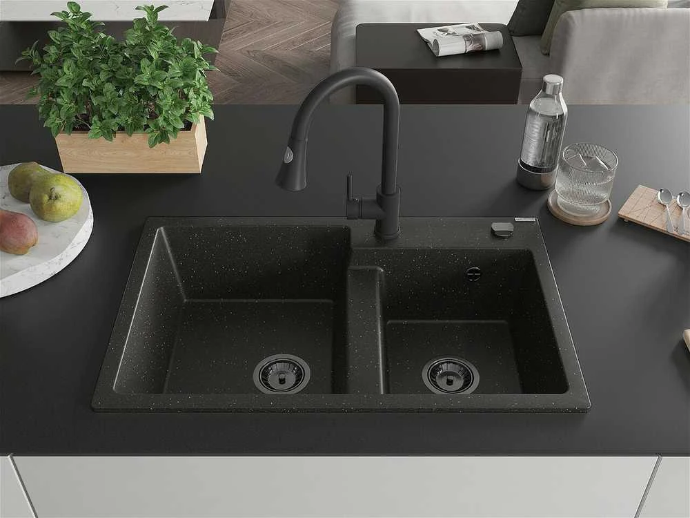 Granitinė virtuvinė plautuvė Mexen Tomas su maišytuvu ir sifonu, Metallic juodas/auksinis+Juodas