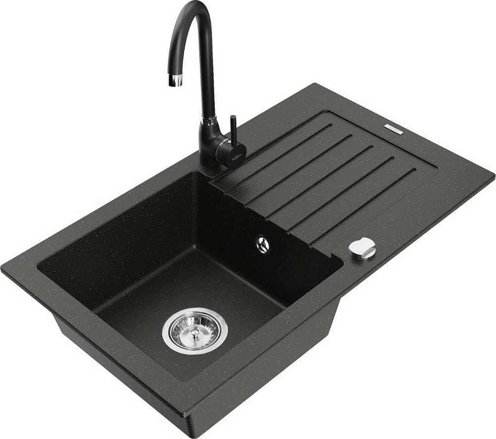 Granitinė virtuvinė plautuvė Mexen Pablo su maišytuvu ir sifonu, Metallic juodas/auksinis+Juodas
