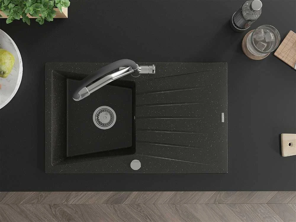 Granitinė virtuvinė plautuvė Mexen Cesar su maišytuvu ir sifonu, Metallic juodas/auksinis+Juodas/Chrome