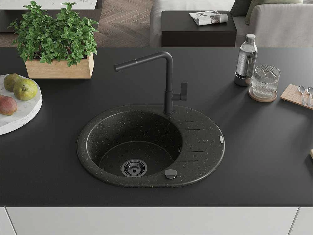Granitinė virtuvinė plautuvė Mexen Kevin su maišytuvu ir sifonu, Metallic juodas/auksinis+Juodas