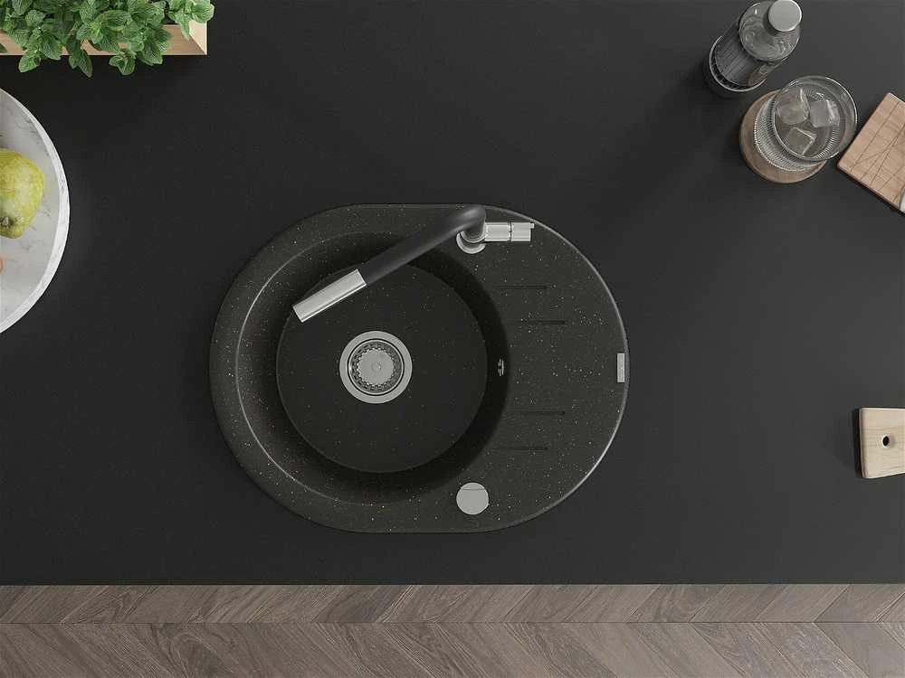 Granitinė virtuvinė plautuvė Mexen Kevin su maišytuvu ir sifonu, Metallic juodas/auksinis+Juodas/Chrome