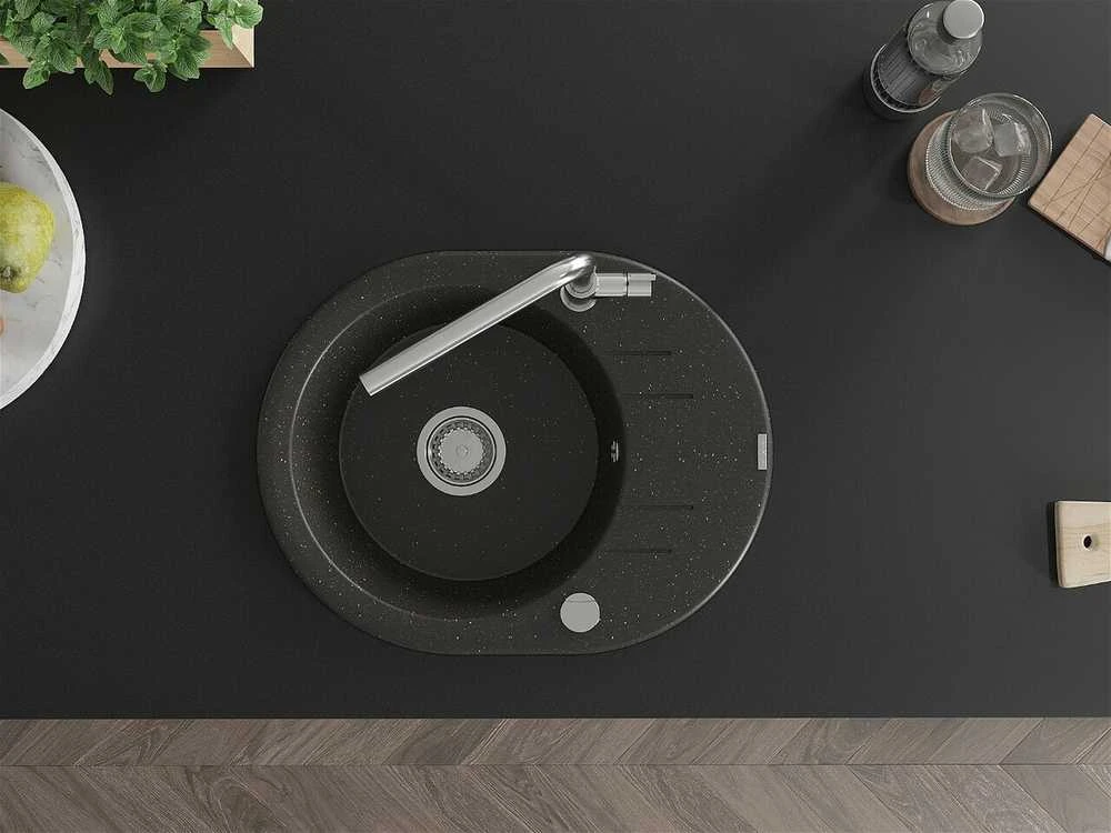 Granitinė virtuvinė plautuvė Mexen Kevin su maišytuvu ir sifonu, Metallic juodas/auksinis+Chrome