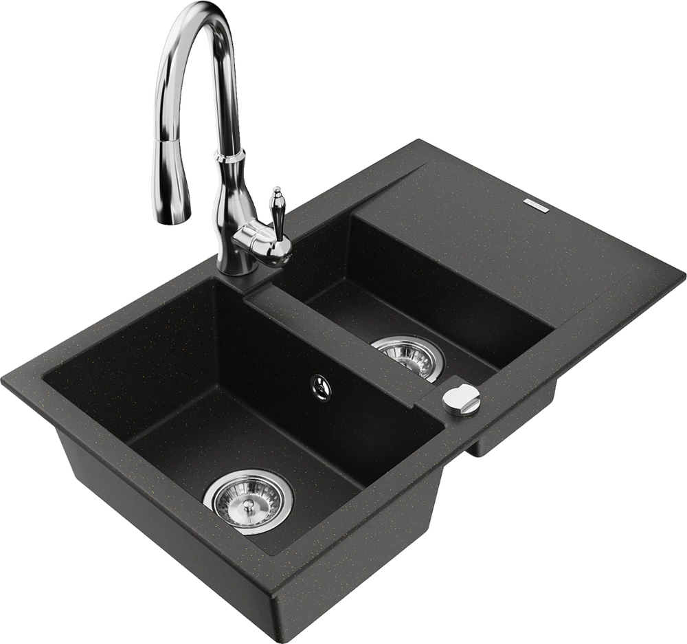 Granitinė virtuvinė plautuvė Mexen Gaspar su maišytuvu ir sifonu, Metallic juodas/auksinis+Chrome