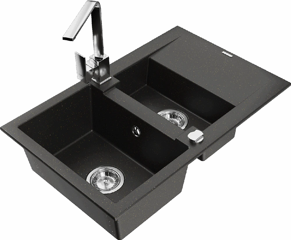 Granitinė virtuvinė plautuvė Mexen Gaspar su maišytuvu ir sifonu, Metallic juodas/auksinis+Chrome