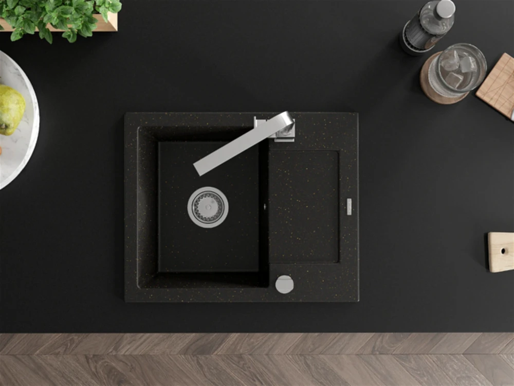 Granitinė virtuvinė plautuvė Mexen Enzo su maišytuvu ir sifonu, Metallic juodas/auksinis+Chrome